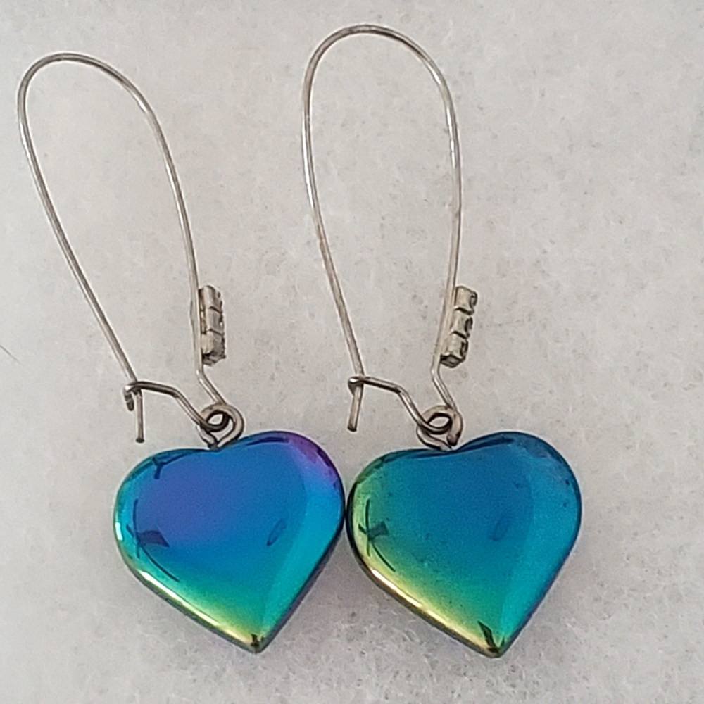 Rainbow Hematite Puffy Heart Earrings